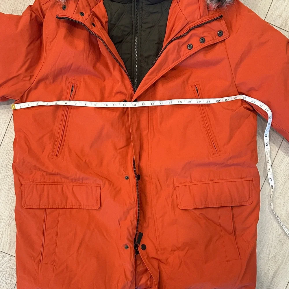 London Fog Men's Orange Puffer Jacket with Faux Fur Trim - Picture 10 of 13